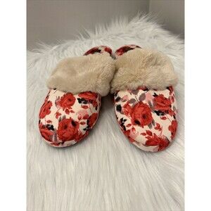 Victoria's Secret Fur Floral Rose Striped SATIN Soft Bedroom Slippers Slides L